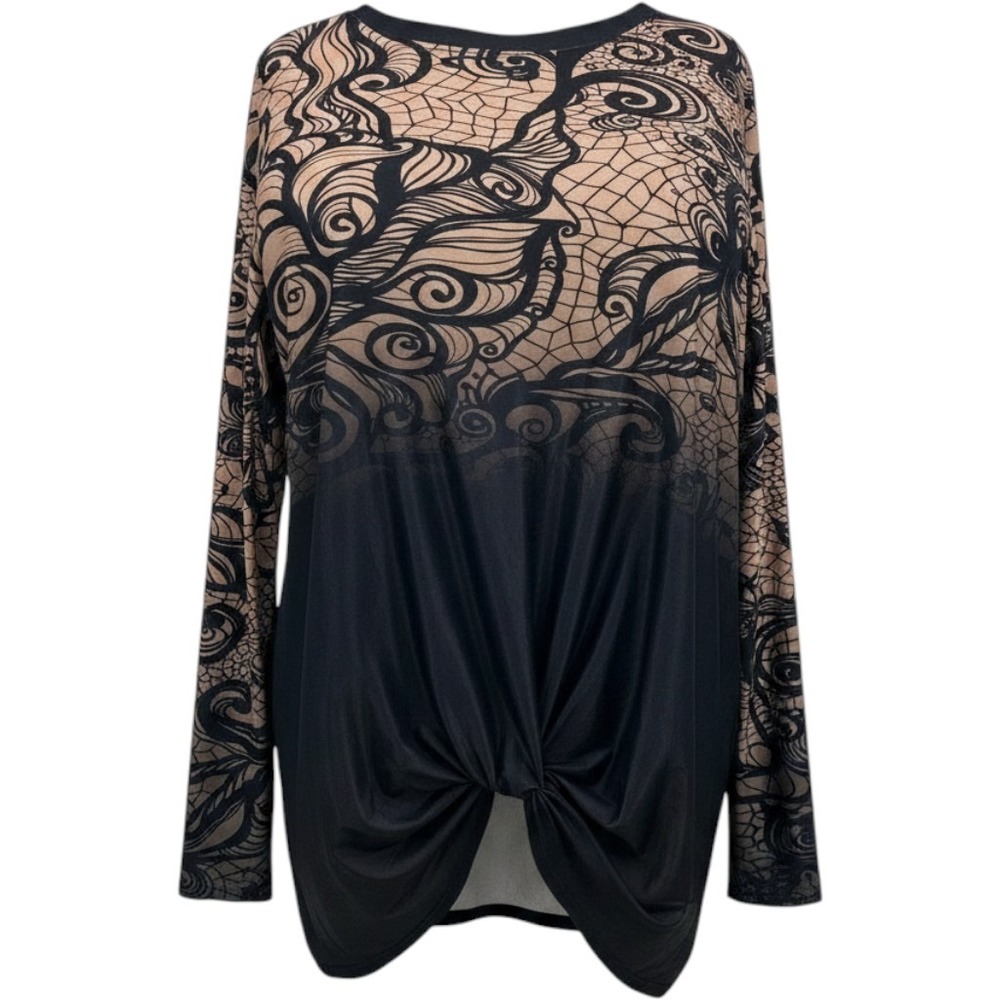 Lily by Firmiana Tunic Top Wms 4XL Black Tan Scroll Twist Front Whimsigoth Boho